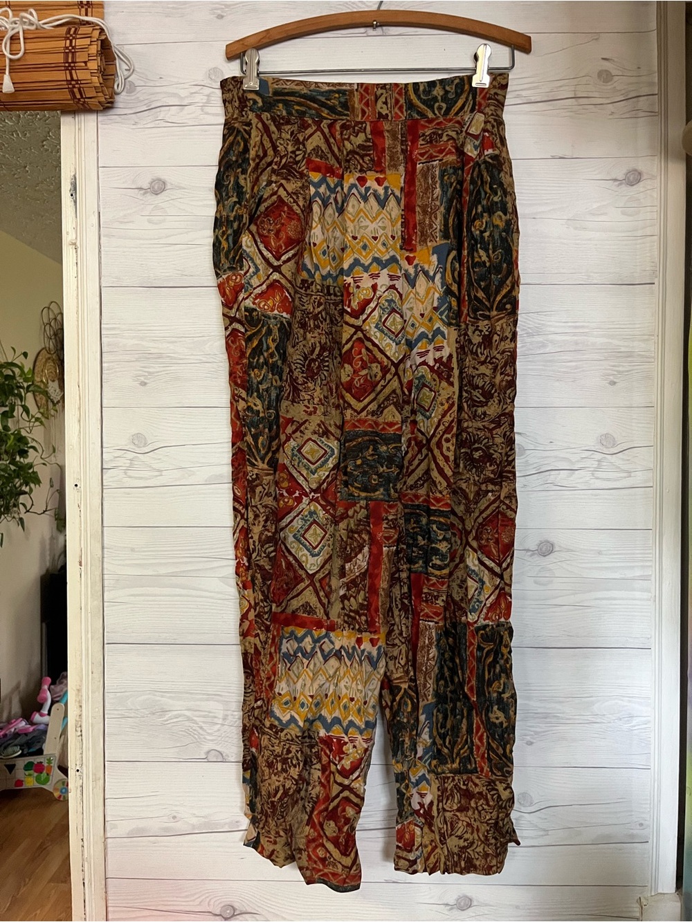 Vtg Inclinations Faux Patchwork Boho Rayon Pants Pockets Rayon Medium